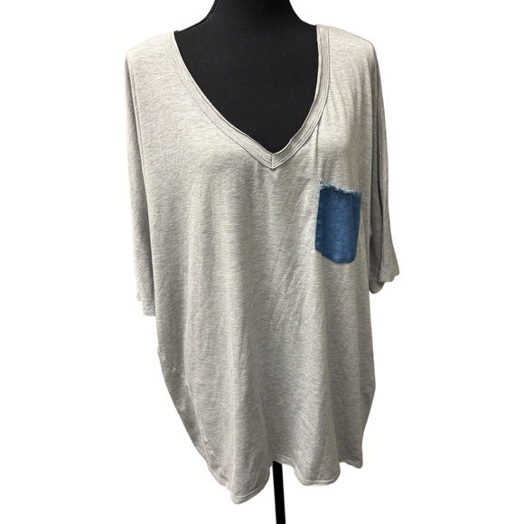 Umgee Tops - Umgee Gray V-Neck Top Denim Pocket Oversized Boho Tunic L Soft